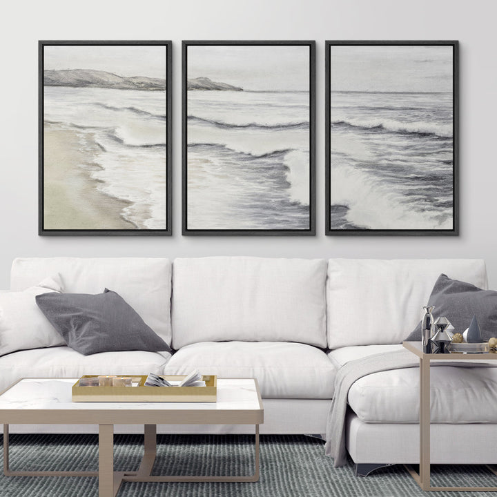 Coastal Beach Ocean Waves Muted Relax Calm Seascape Home Decor - Framed Canvas Print Wall Art Work SIGNLEADER Size: 24" H x 48" W x 1.5" D Format: Black Framed