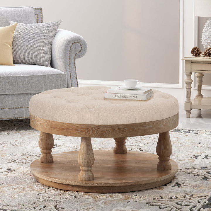 Tawney 40" Wide Tufted Round Cocktail Ottoman with Storage Rosalind Wheeler Leg Color: Weathered Body Fabric: Beige Fabric
