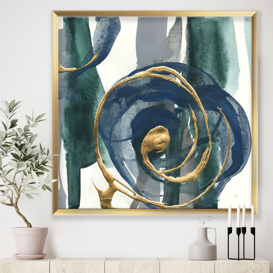 Mettalic Indigo and Gold I - Picture Frame Print on Canvas East Urban Home Size: 46" H x 46" W x 1.5" D Format: Silver Framed