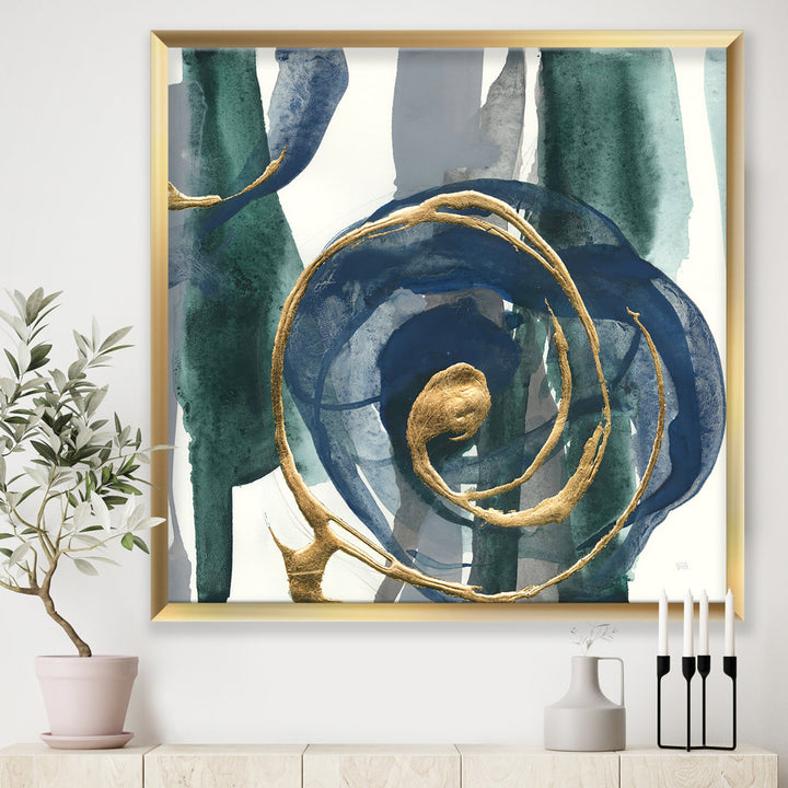 Mettalic Indigo and Gold I - Picture Frame Print on Canvas East Urban Home Size: 46" H x 46" W x 1.5" D Format: Silver Framed
