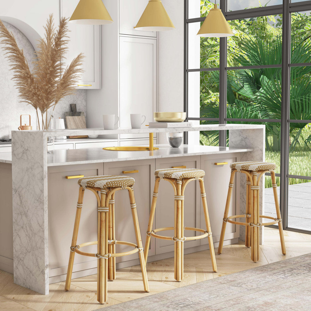 Alastair Bar & Counter Stool Birch Lane™ Color: Tan/White Stripe/Natural Rattan Frame Seat Height: Bar Stool (30" Seat Height)