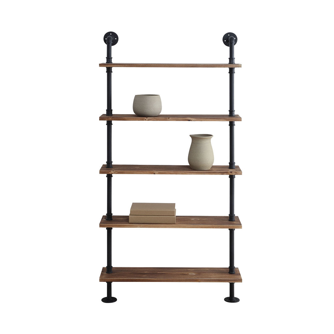 Juan 5 Tiered Shelf Industrial Pipe Shelves Williston Forge Finish: Black Pipe/Brown Shelves