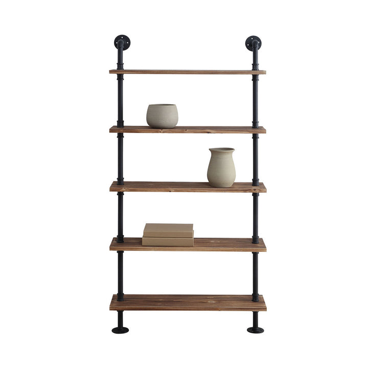 Juan 5 Tiered Shelf Industrial Pipe Shelves Williston Forge Finish: Black Pipe/Brown Shelves