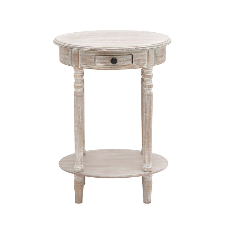 Meadville Wood Whitewashed Oval 1 Drawer and 1 Shelf Side End Light Brown Accent Table with Turned Legs Highland Dunes