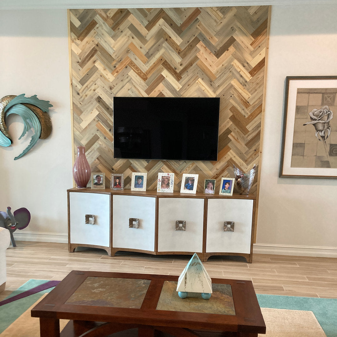 Timberchic River Reclaimed Wooden Wall planks - Simple Peel & Stick Wall Covering Application for DIY Accent Wall & Home Improvement - Premium Wall Paneling - Herringbone Pattern Timber Chic Color: River Planks