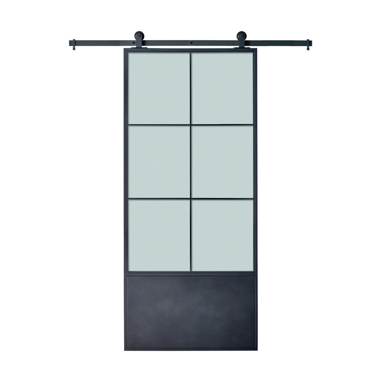 Paneled Metal and Glass Broadway Barn Door Renin