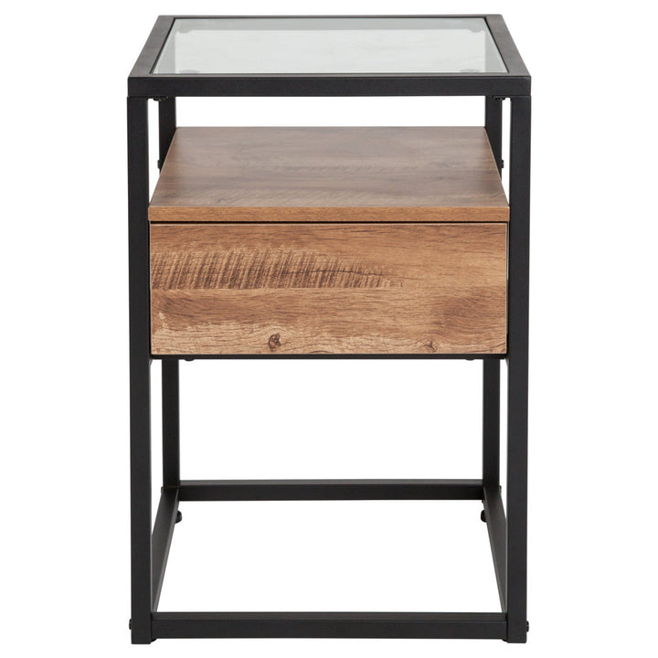 Riaan Glass End Table with Drawer and Shelf in Rustic Wood Grain Finish Union Rustic