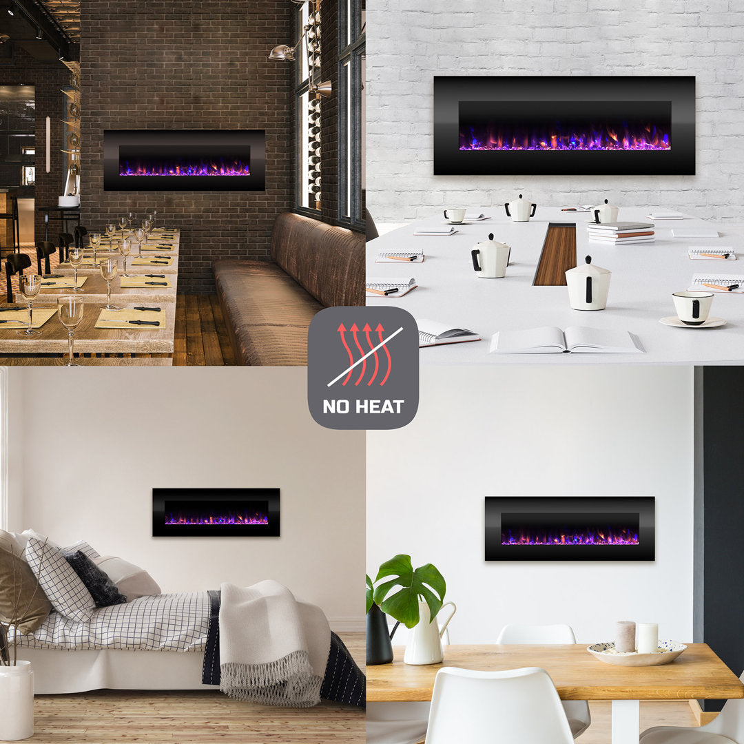 Quevedo Electric Fireplace - 54 Inch No Heat Wall Mounted Fireplace with LED Flames, Remote, Timer, and Adjustable Brightness(Black) Orren Ellis