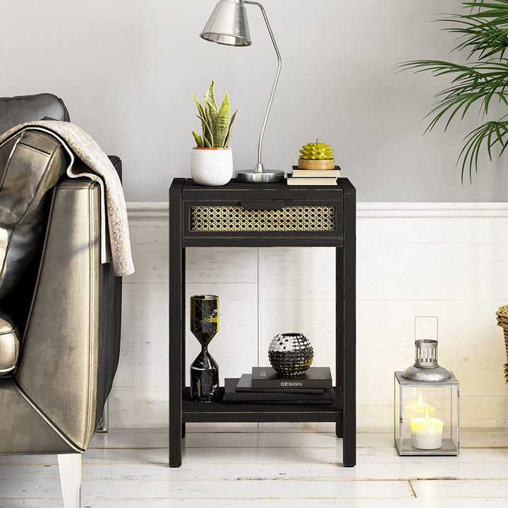 Armands Modern Minimalism Nightstand End Table Side Table with Woven Pattern Drawer and Shelf Union Rustic Color: Black