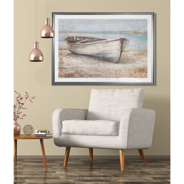 Embellished Whitewashed Boat - Print Beachcrest Home™ Size: 26" H x 36" W  Format: Silver Frame
