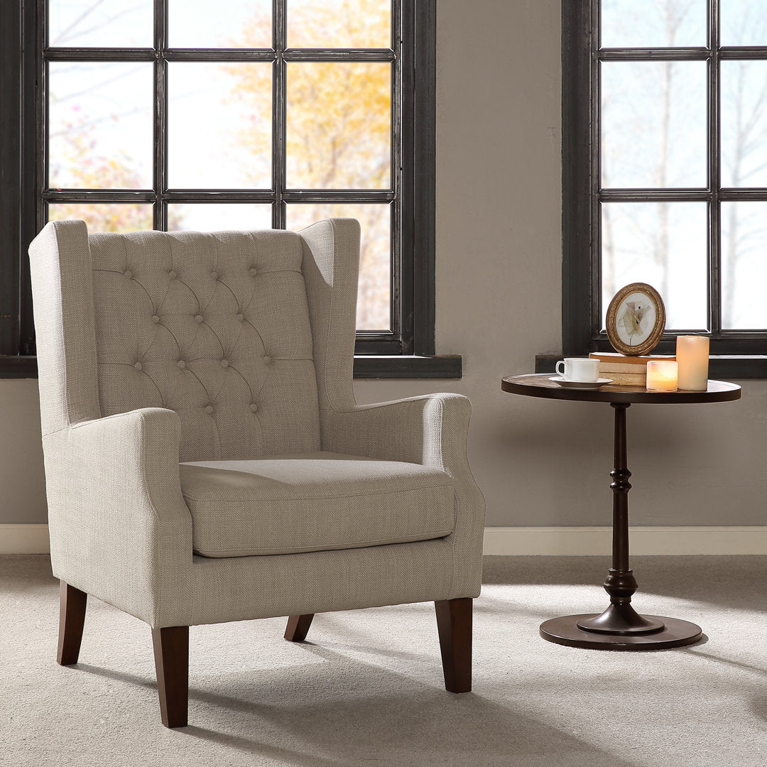 Allis Upholstered Button Tufted Wingback Chair Three Posts™ Upholstery Color: Linen Polyester Blend