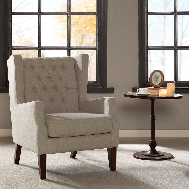 Allis Upholstered Button Tufted Wingback Chair Three Posts™ Upholstery Color: Linen Polyester Blend