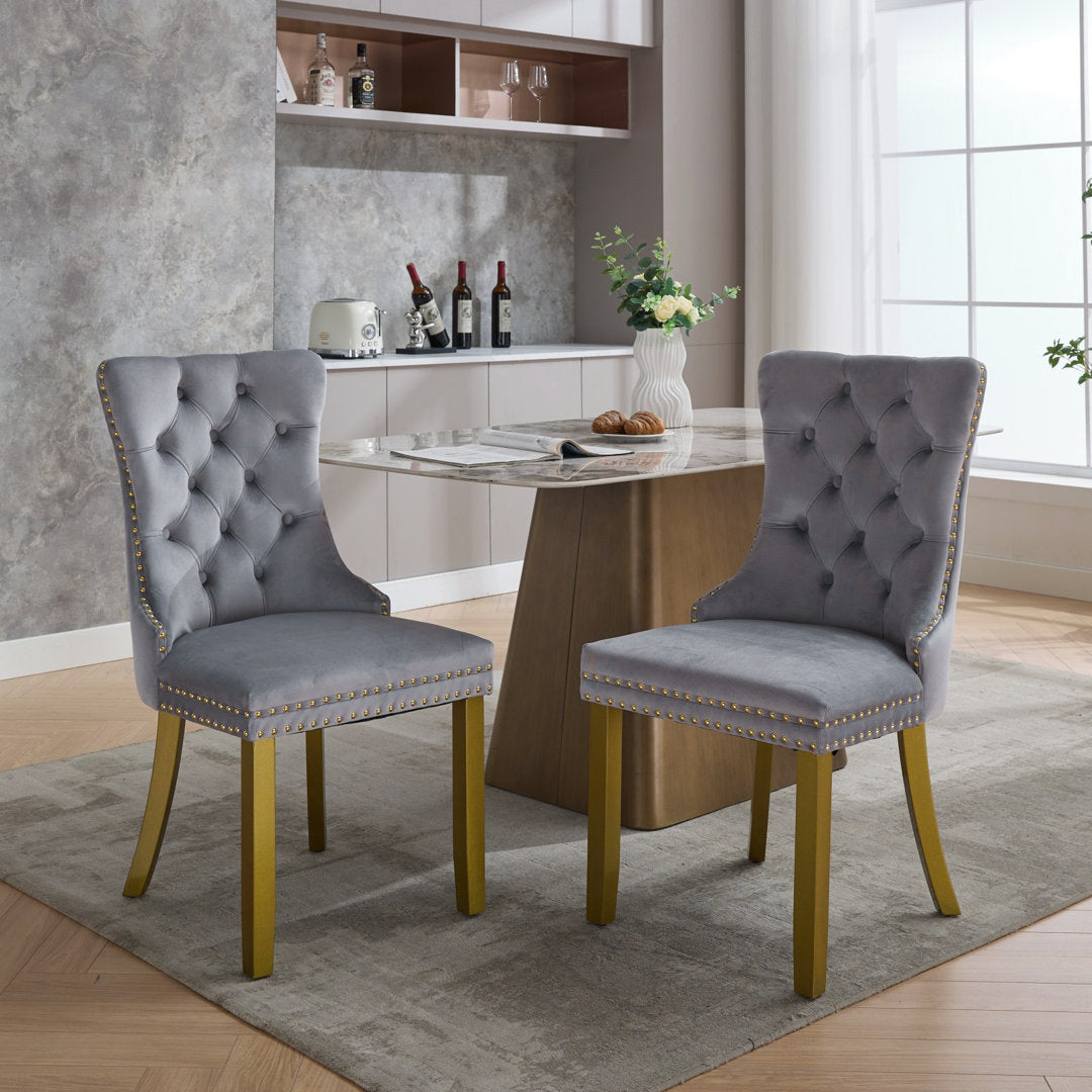 Allena Tufted Velvet/Linen Wing Back Parsons Chair (Set of 2) Rosdorf Park Upholstery Color: Velvet Gray, Leg Color: Gold