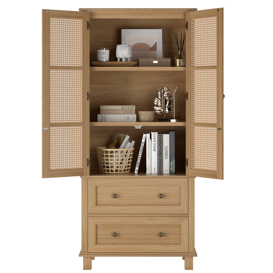 2-Door 2-Drawer Tall Locker With Faux Rattan And Faux Solid Wood Surface, 64.4"H X 28.54"W X 15"D Bay Isle Home™ Color: Brown