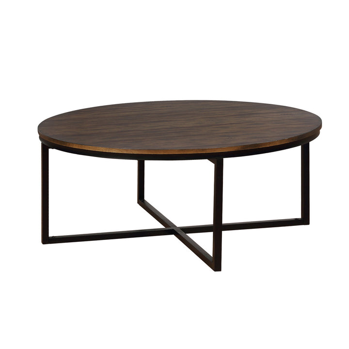 Kersh 42-Inch Round Solid Acacia Wood Coffee Table with Antiqued Mocha Finish, Metal Sled Legs, Bold Industrial Style – Center Table for Living Room, Compatible with Sectionals and Sofas Laurel Foundry Modern Farmhouse®