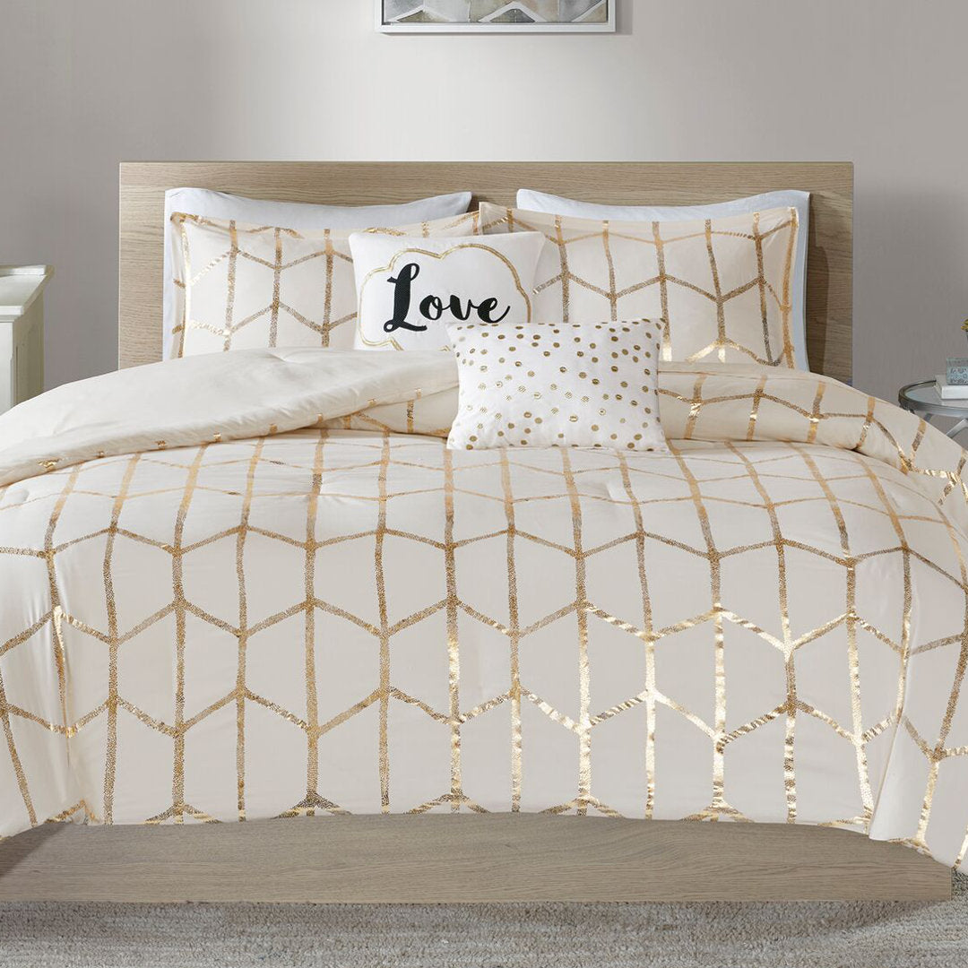 Raina Metallic Printed Comforter Set Intelligent Design Color: Ivory/Gold Size: King/Cal.King Comforter + 2 Shams + 2 Throw Pillow
