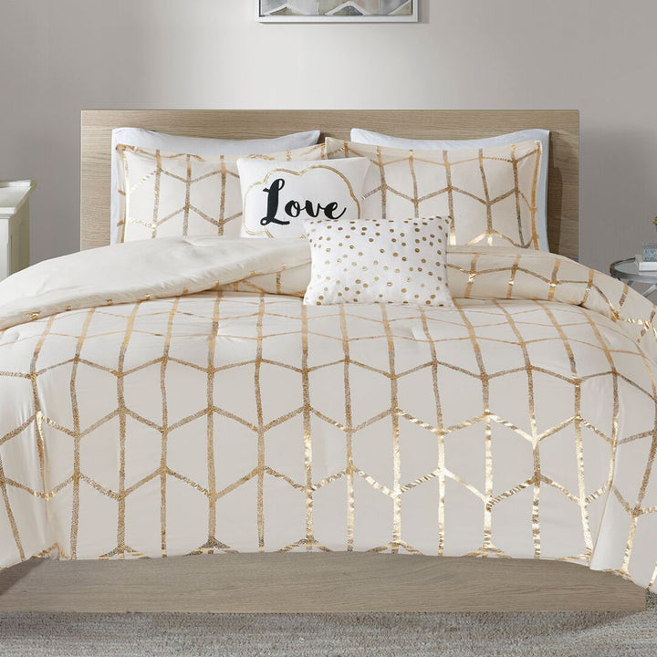 Raina Metallic Printed Comforter Set Intelligent Design Color: Ivory/Gold Size: King/Cal.King Comforter + 2 Shams + 2 Throw Pillow