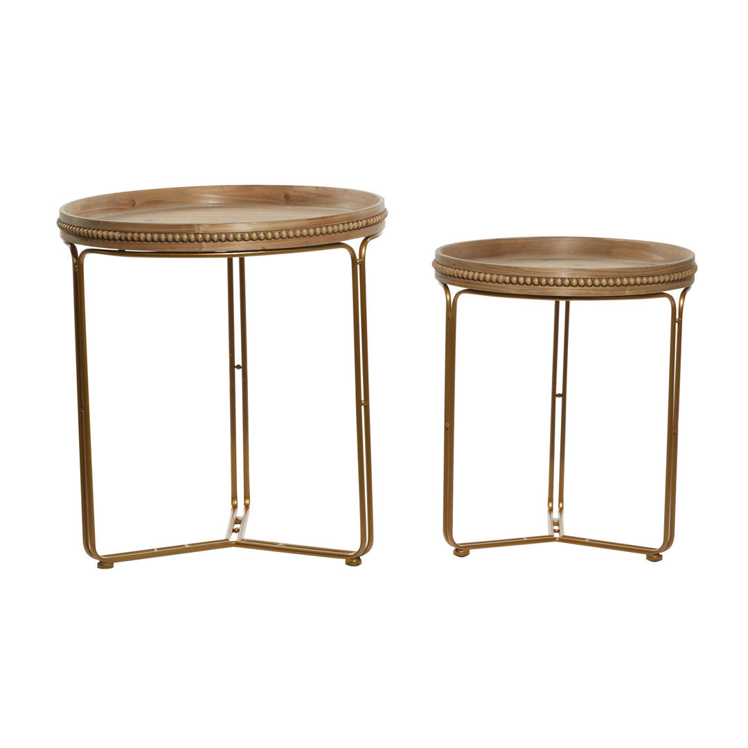 Wooden Round Beaded Nesting Side End Brown Accent Table with Gold Metal Stand Set Dakota Fields
