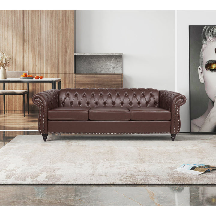 Chesterfield Button Tufted Backrest Multi-seat Upholstered Sofa Canora Grey Fabric: Dark Brown Faux Leather