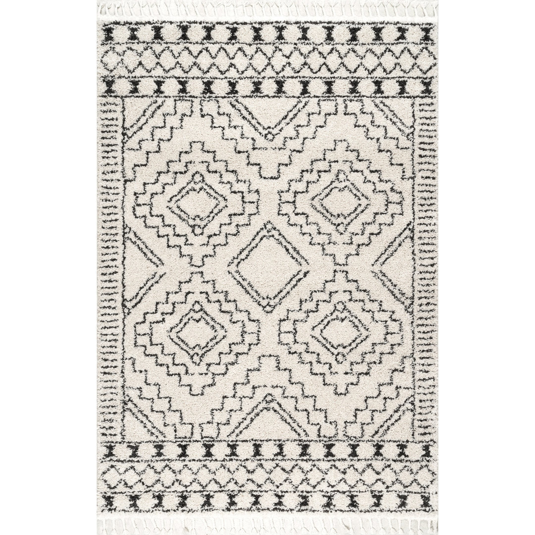 Adry Moroccan Shag Tasseled Cream/Charcoal Area Rug Union Rustic Rug Size: Rectangle 2' x 3'