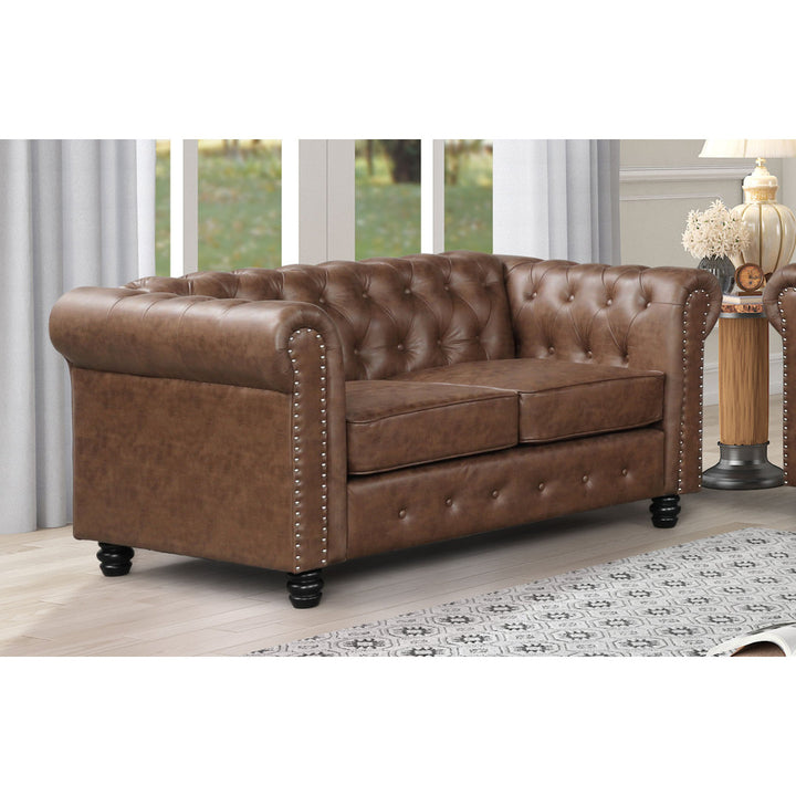 Provence 61" Rolled Arm Chesterfield Loveseat Kelly Clarkson Home Upholstery Color: Brown Leather like Fabric