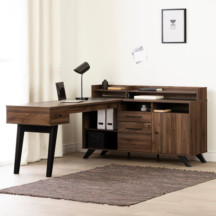 Helsy L-Shaped Desk with Power Bar and Removable Hutch Natural Walnut Mercury Row® Color: Natural Walnut
