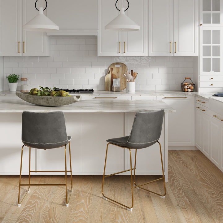 Nia Vegan Leather Bar & Counter Stool (Set of 2) AllModern Frame Color: Gold Seat Height: Counter Stool (24" Seat Height), Upholstery: Gray Vegan Leather