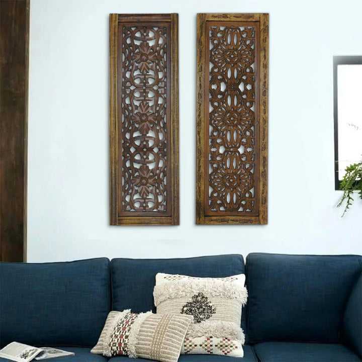 Wood Handmade Intricately Carved Floral Brown Wall Decor Set (Set of 2) Ophelia & Co.