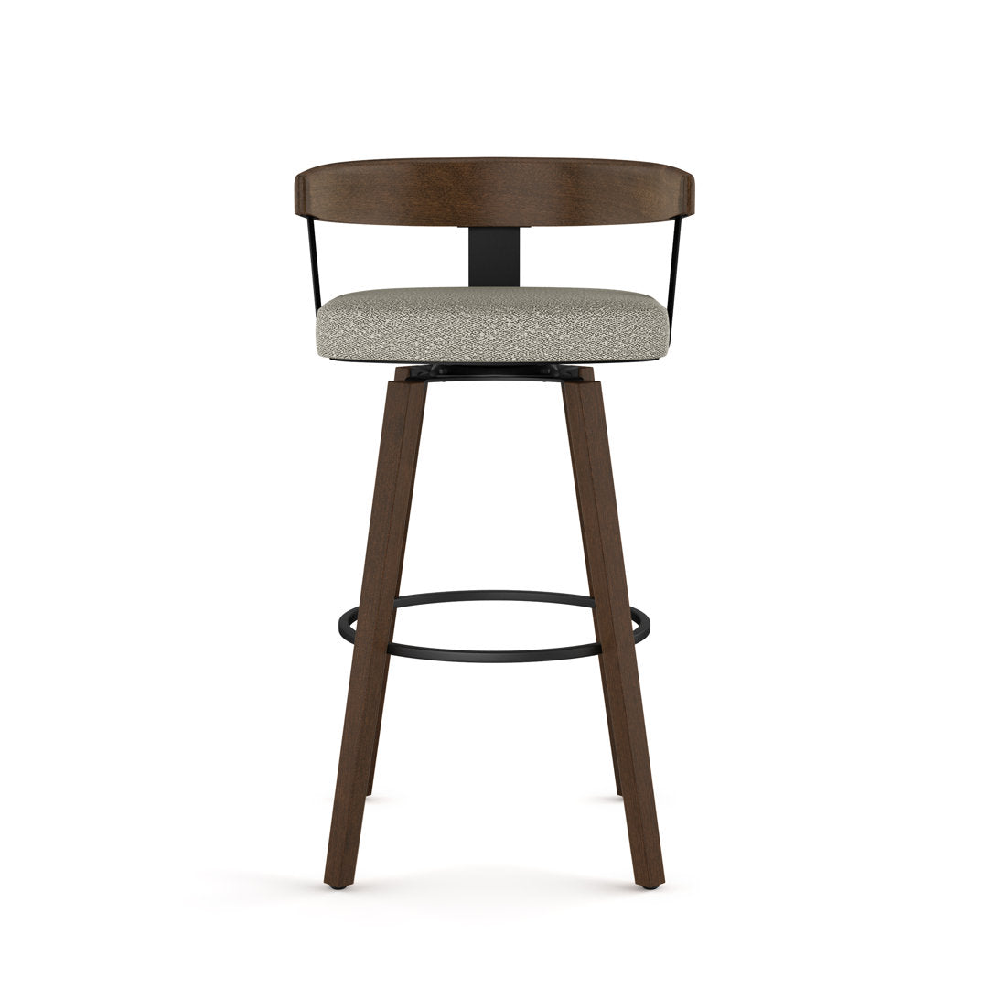 Calvion Swivel Counter & Bar Stool with Wooden Backrest Wade Logan® Upholstery: Light Beige/Gray Bouclé, Seat Height: Counter Stool (26.25" Seat Height)
