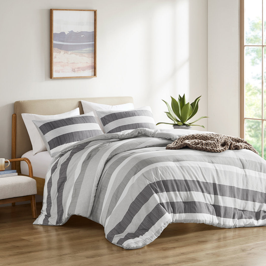 Blake Stripe Textured Print Microfiber Comforter Set 510 Design Color: Black/Gray Size: Queen Comforter + 2 Standard Shams