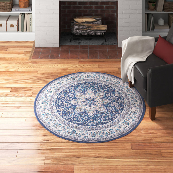 Mountview Oriental Area Rug in Navy/Ivory/Beige Andover Mills™ Rug Size: Round 5'2"