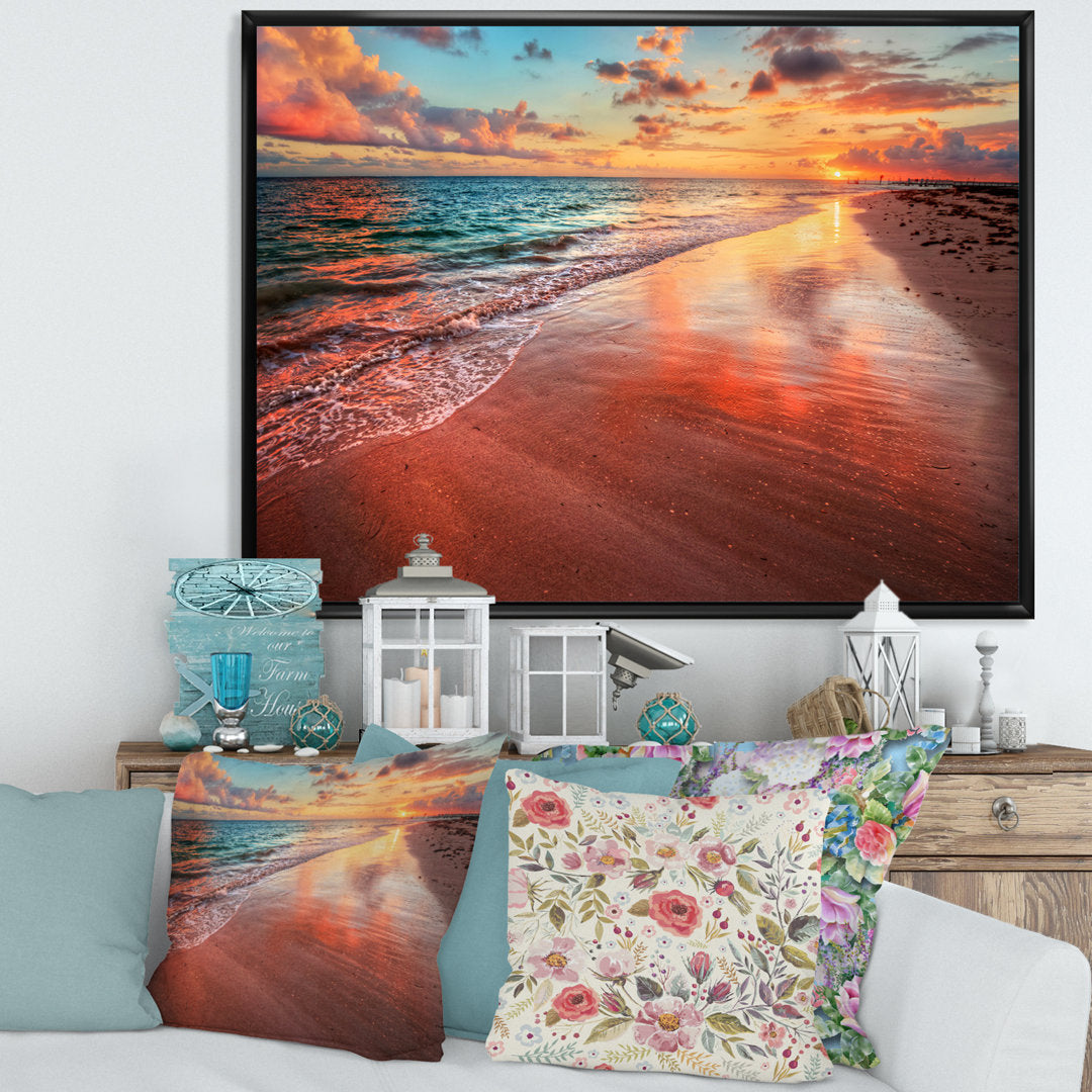Sunset over an Ocean Beach Shore II - Photograph on Canvas East Urban Home Size: 30" H x 40" W x 1.5" D Format: Black Floater Framed