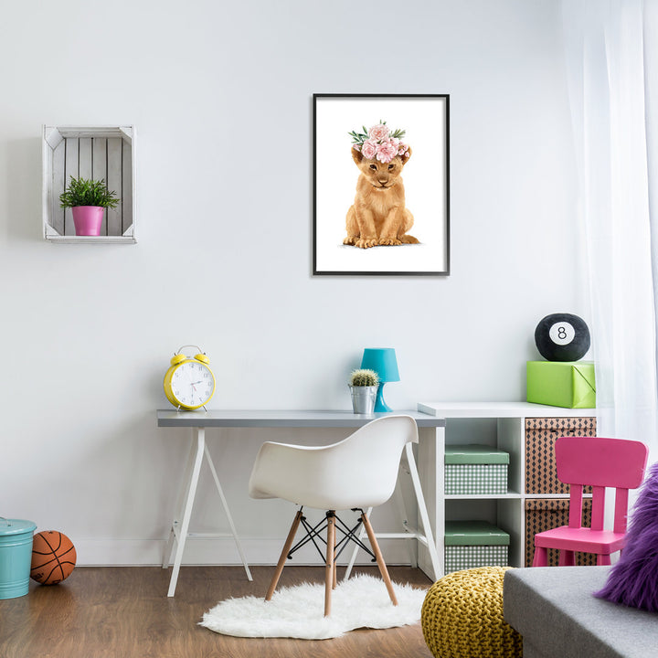 Boho Rose Floral Crown Lion Cub Safari Animal by Ziwei Li - Graphic Art Print Stupell Industries Size: 30" H x 24" W Format: Black Framed