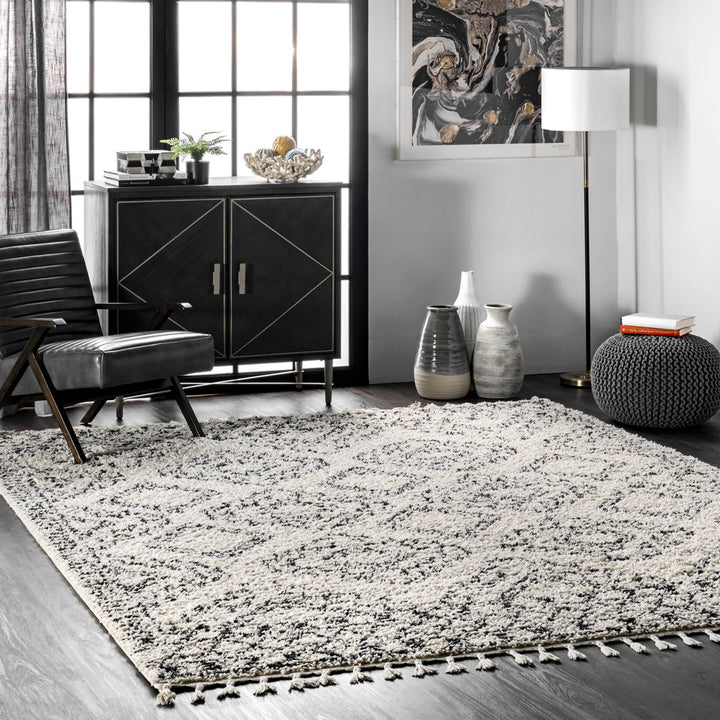 Adry Moroccan Shag Tasseled Cream/Charcoal Area Rug Union Rustic Rug Size: Rectangle 10'4" x 15'