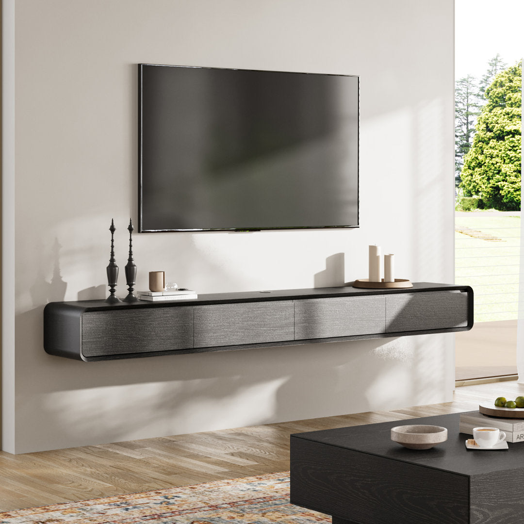 Randalstown Floating TV Stand, Entertainment Center with 4 Drawers, Solid Wood, Fully-Assembled Hokku Designs Color: Black Overall Entertainment Center Width - Side to Side: 62.99''
