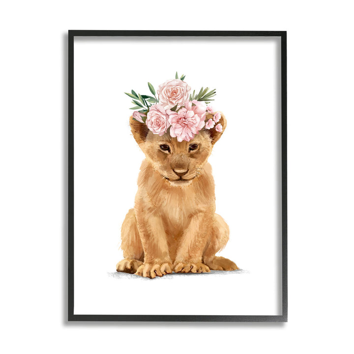Boho Rose Floral Crown Lion Cub Safari Animal by Ziwei Li - Graphic Art Print Stupell Industries Size: 20" H x 16" W Format: Black Framed