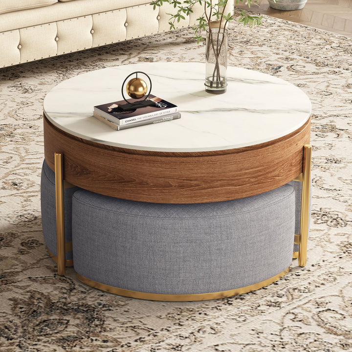 Zinna Lift Top Round Coffee Table Nesting Living Room Table with Storage 3 Stools Included Everly Quinn