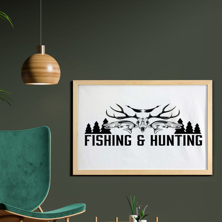 Ambesonne Hunting Wall Art With Frame, Hunting And Fishing In Vintage Emblem Design Antler Horns Mallard Pine Tree, Printed Fabric Poster For Bathroom Living Room Dorms, 35" X 23", Black And White East Urban Home