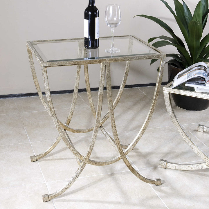 Aria Antiqued Glass Top Cross Legs End Table Kelly Clarkson Home