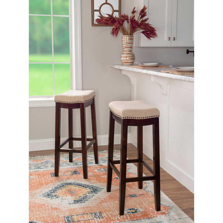 Arlyce Counter & Bar Solid Wood Backless Stool with Upholstered Seat Lark Manor™ Seat Height: Bar Stool (32.25" Seat Height)