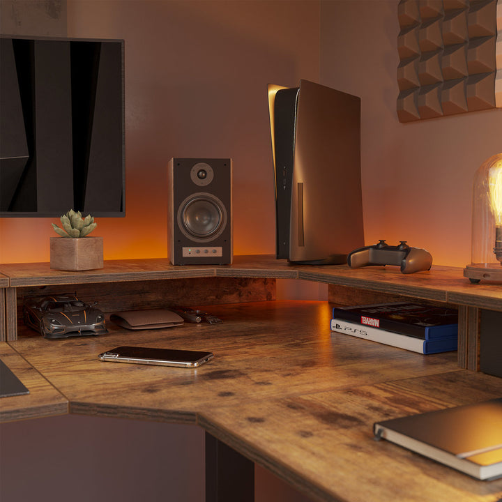 Llean L-Shape Standing Gaming Desk Inbox Zero Color (Top/Frame): Rustic Brown