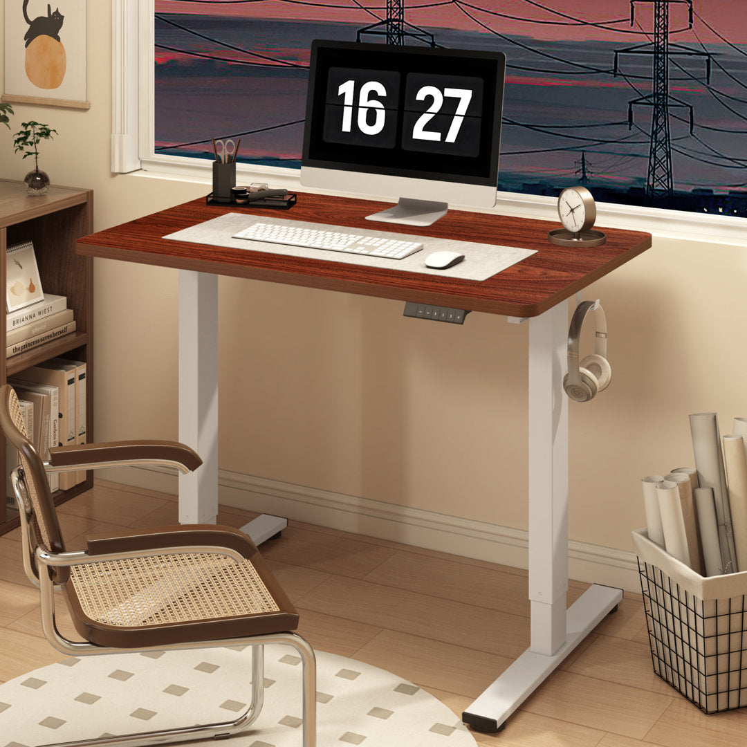 Dojtcho Home Office Adjustable Standing Desk Inbox Zero Color (Top/Frame): Mahogany/White Size: 46.6" H x 39.4" W x 23.6" D