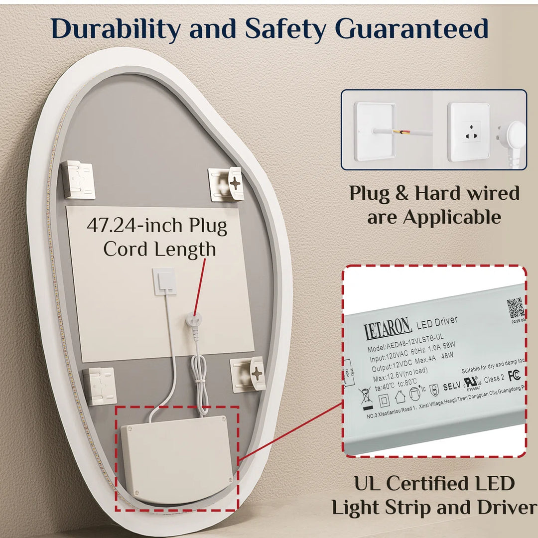 Irregular Backlit Mirror Asymmetrical Frameless Bathroom Mirror with Light, Dimmable, Anti-Fog, Shatter proof