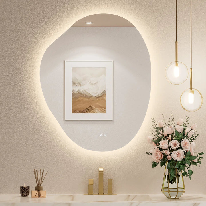 Irregular Backlit Mirror Asymmetrical Frameless Bathroom Mirror with Light, Dimmable, Anti-Fog, Shatter proof