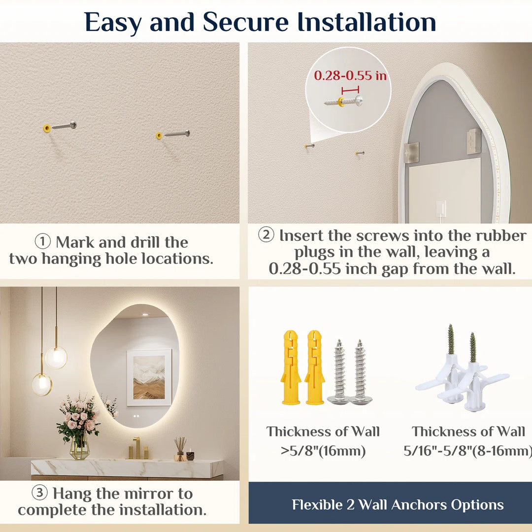 Irregular Backlit Mirror Asymmetrical Frameless Bathroom Mirror with Light, Dimmable, Anti-Fog, Shatter proof