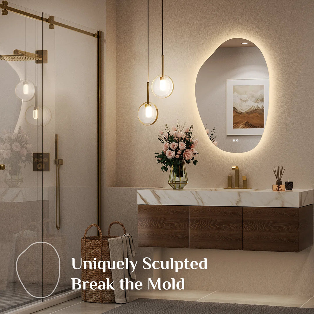 Irregular Backlit Mirror Asymmetrical Frameless Bathroom Mirror with Light, Dimmable, Anti-Fog, Shatter proof