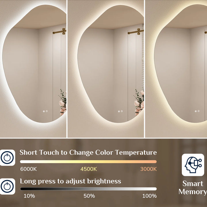 Irregular Backlit Mirror Asymmetrical Frameless Bathroom Mirror with Light, Dimmable, Anti-Fog, Shatter proof