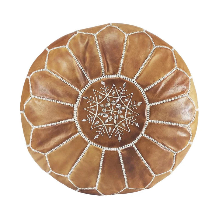 Genuine Leather Round Floral Pouf Ottoman