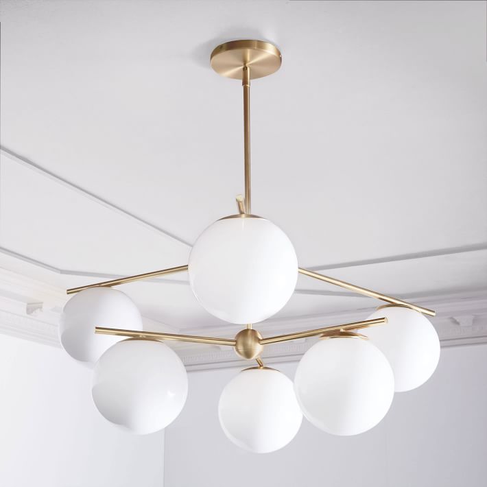 Sphere and Stem 6 Light Chandelier Antique Brass Milk Glass