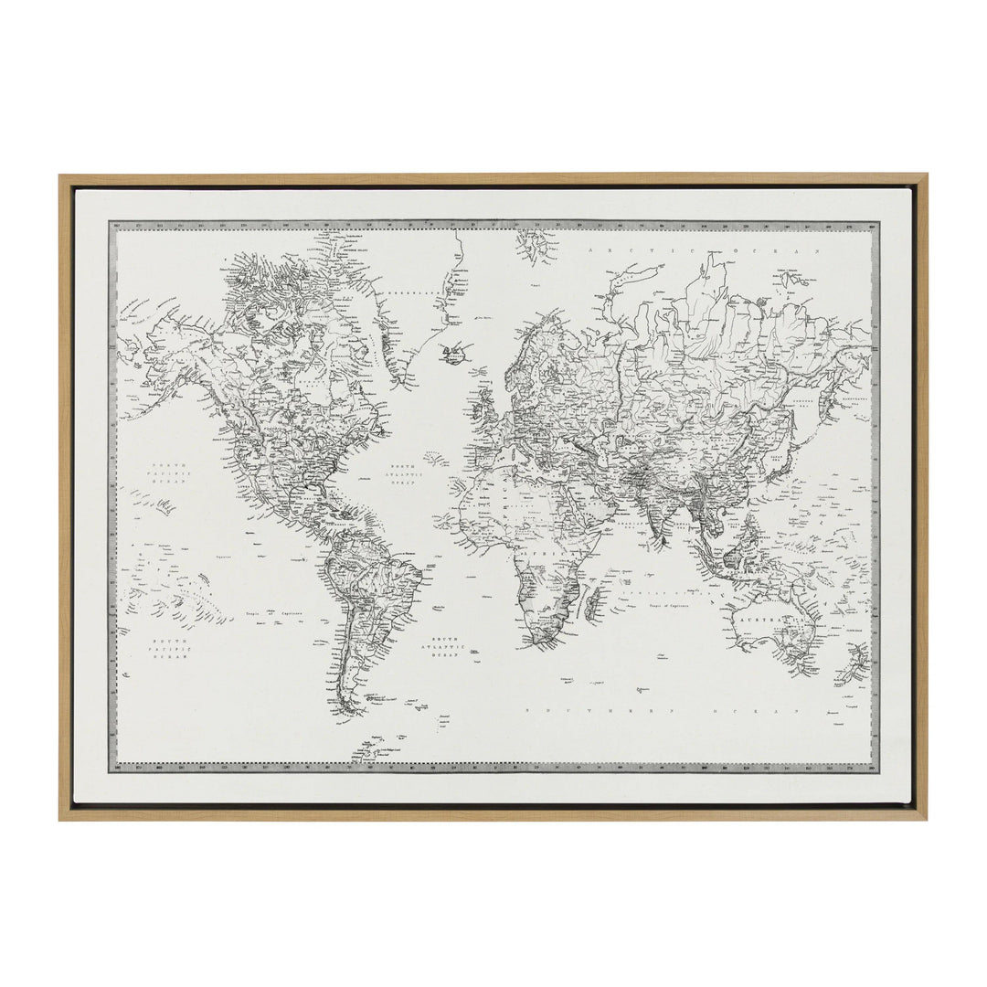Vintage Black And White World Map BW FLINEN With Frame-28"x38"